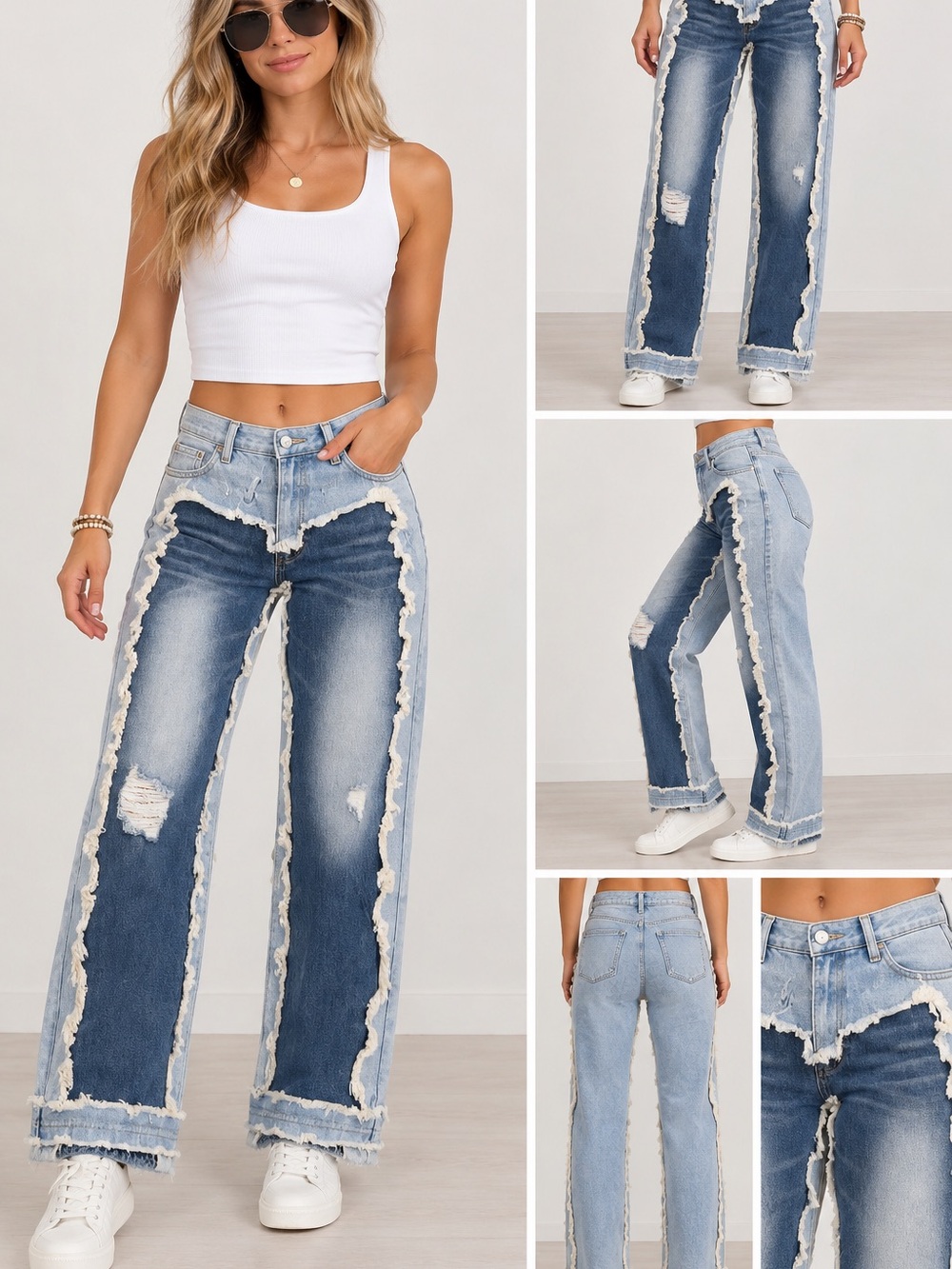 034.New Two-Tone Distressed Wide-Leg Women's Jeans - Light & Dark Blue